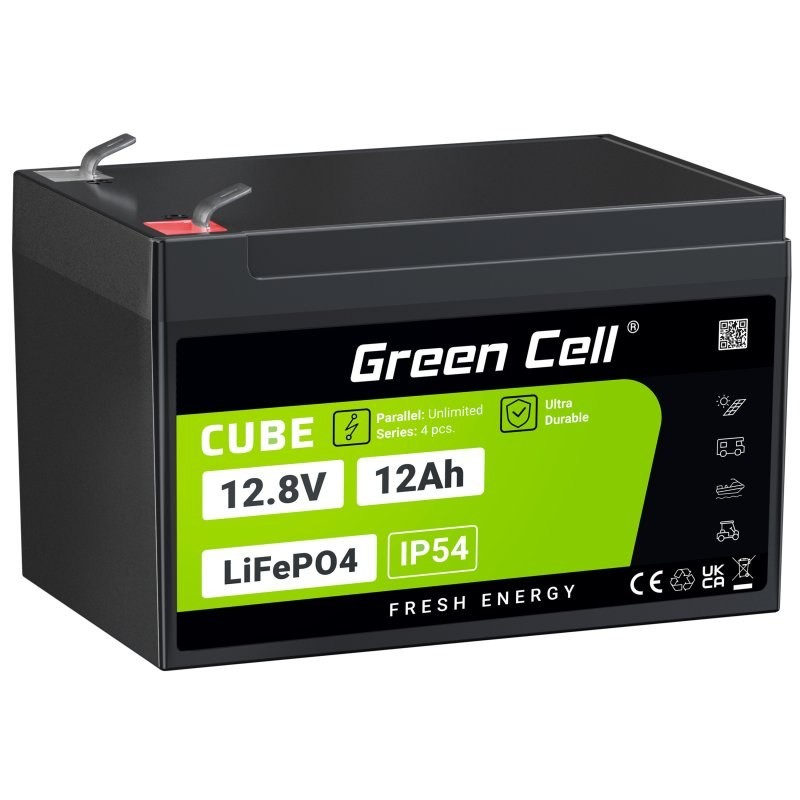 Green Cell CUBE LiFePO4 12Ah 12.8V 153.6Wh lithium Iron fosfátová baterie pro invalidní vozík, hračky,