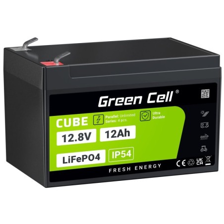 Green Cell CUBE LiFePO4 12Ah 12.8V 153.6Wh lithium Iron fosfátová baterie pro invalidní vozík, hračky,