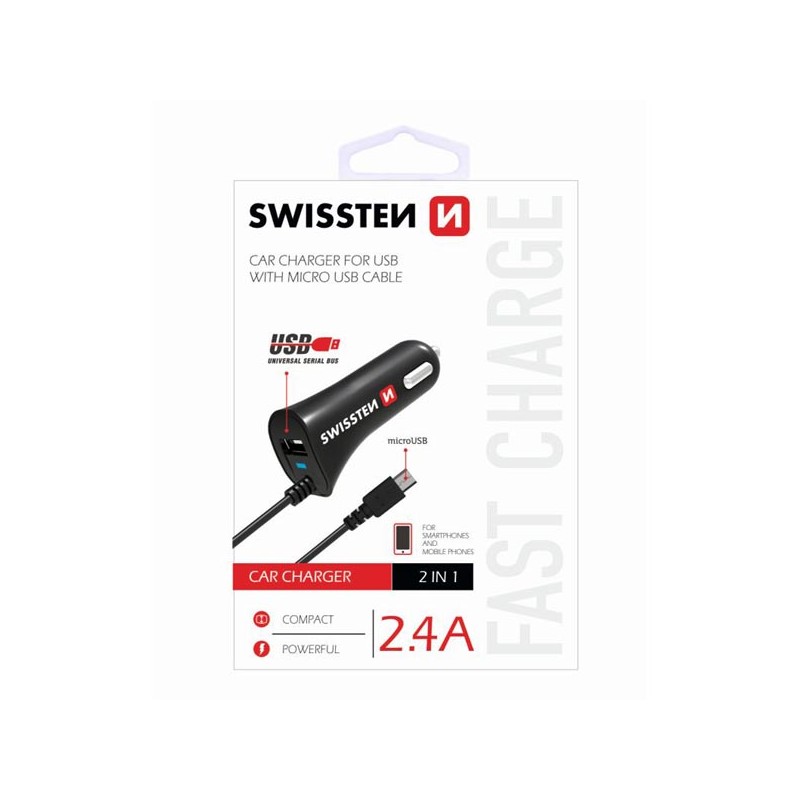 Adaptér do auta SWISSTEN 12W, 1 port, USB-A, kabel microUSB