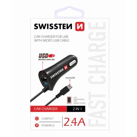 Adaptér do auta SWISSTEN 12W, 1 port, USB-A, kabel microUSB