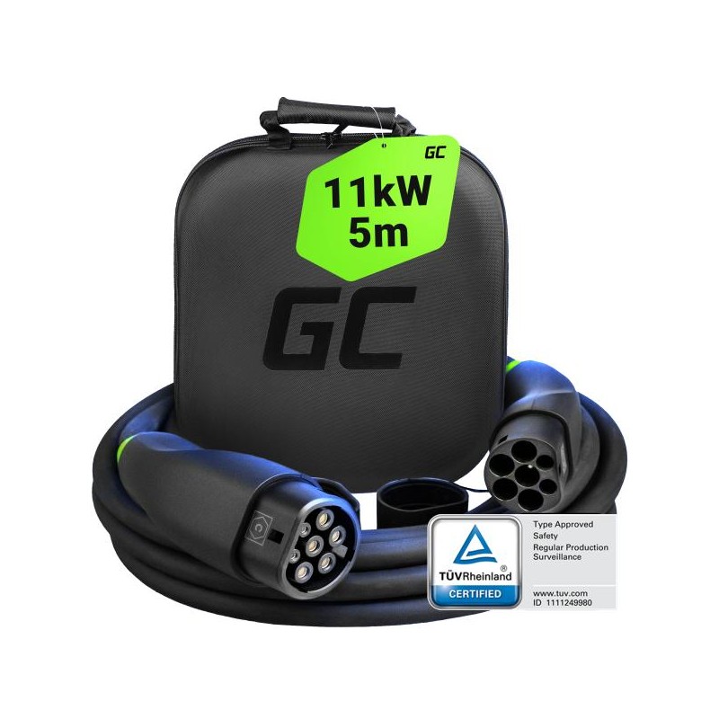 Green Cell GC Snap Type 2 EV nabíjení kabel 11kW 5m pro Tesla Model Y 3 S X, VW ID.4, Kia EV6, Hyundai IONIQ 5, Ford Mach-E