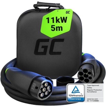 Green Cell GC Snap Type 2 EV nabíjení kabel 11kW 5m pro Tesla Model Y 3 S X, VW ID.4, Kia EV6, Hyundai IONIQ 5, Ford Mach-E