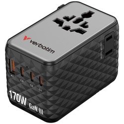 Verbatim, Cestovní adaptér Charge ,n, Travel GaN III 2x USB-C, 2X USB-A + 1x integrovaný kabel USB-C, černá, 170 W