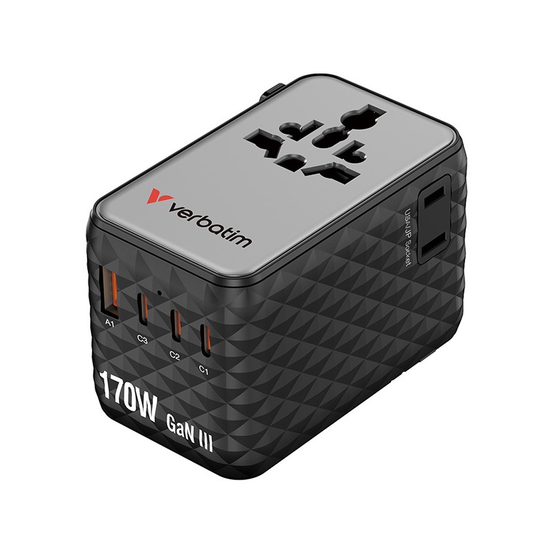 Verbatim, Cestovní adaptér Charge ,n, Travel GaN III 2x USB-C, 2X USB-A + 1x integrovaný kabel USB-C, černá, 170 W