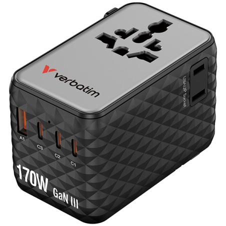 Verbatim, Cestovní adaptér Charge ,n, Travel GaN III 2x USB-C, 2X USB-A + 1x integrovaný kabel USB-C, černá, 170 W
