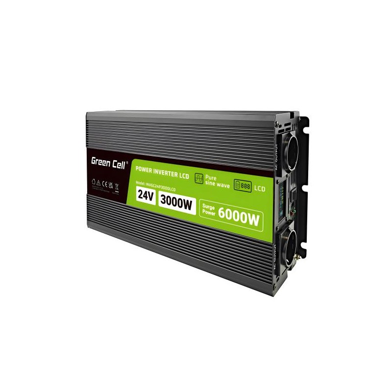 Green Cell PowerInverter LCD 24 V 3000W/60000W měnič napětí do auta s displejem - čistá sinusová křivka