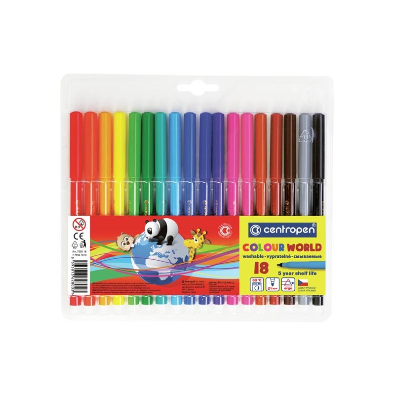 Centropen, sada popisovačů 7550, color, 18ks, 1mm, válcový hrot odolný proti zatlačení