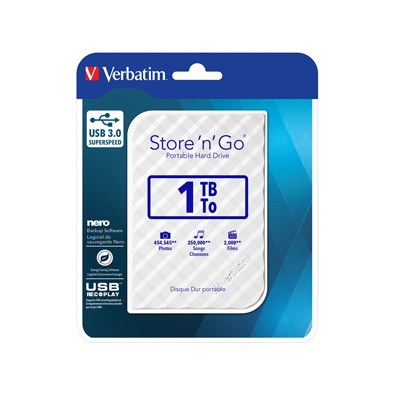 Verbatim externí pevný disk, Store N Go, 2.5", USB 3.0 (3.2 Gen 1), 1TB, 53206, bílý