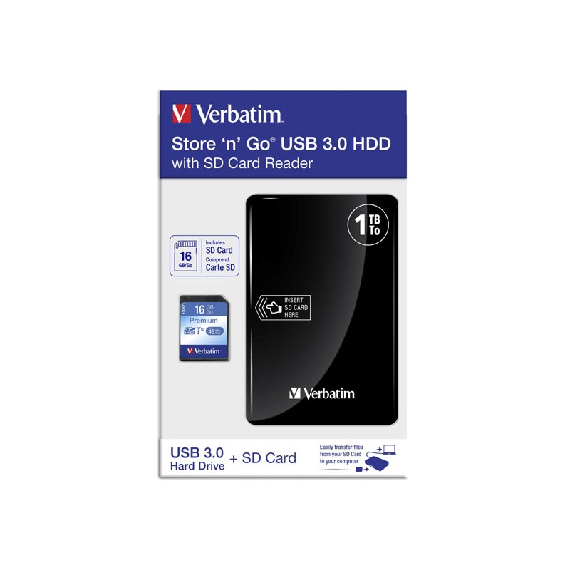 Verbatim externí pevný disk s integrovanou čtečkou paměťových karet, Store N Go, 2.5", USB 3.0 (3.2 Gen 1), 1TB, 1000GB, 53421