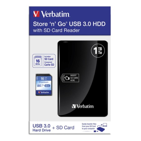 Verbatim externí pevný disk s integrovanou čtečkou paměťových karet, Store N Go, 2.5", USB 3.0 (3.2 Gen 1), 1TB, 1000GB, 53421