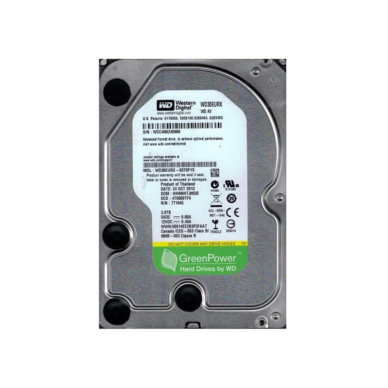 Western Digital interní pevný disk, WD Green AV, 3.5", SATA III, 3TB, 3000GB, WD30EURX