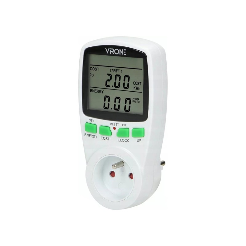 Dvoutarifní elektroměr spotřeby, max.3680W, bílý, Virone, LCD displej, 2 tarify měření, 4 druhy měn
