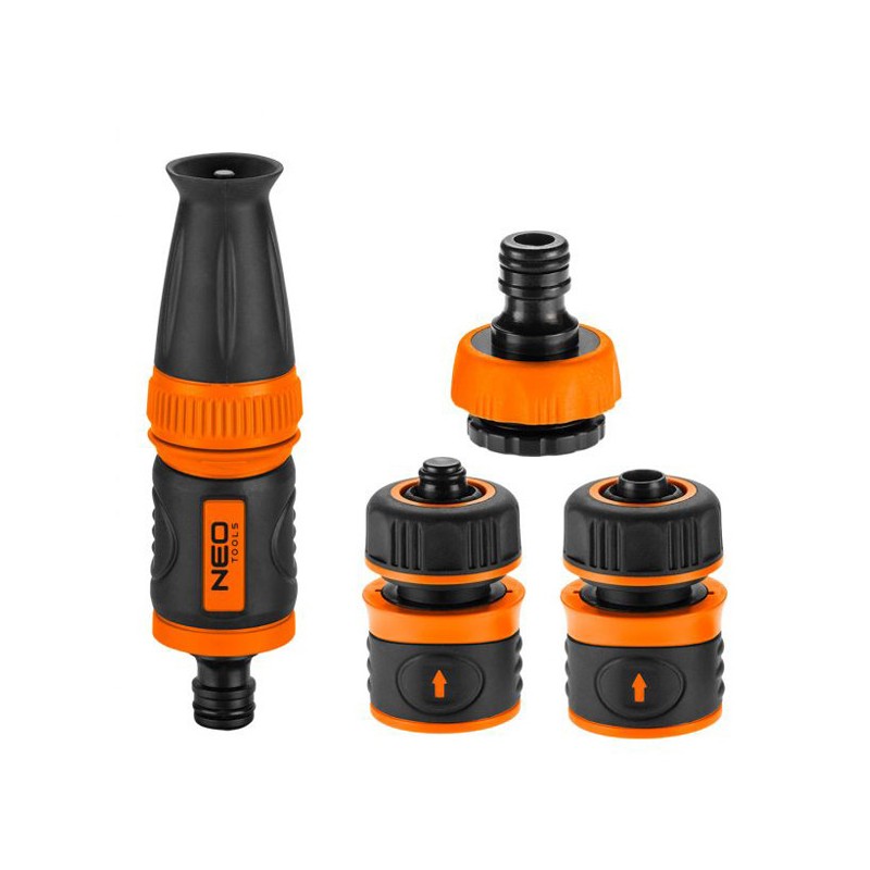 NEO TOOLS sada rozprašovač, 2 rychlospojky přípojka na kohoutek, 1/2", oranžovo-černá, 15-710