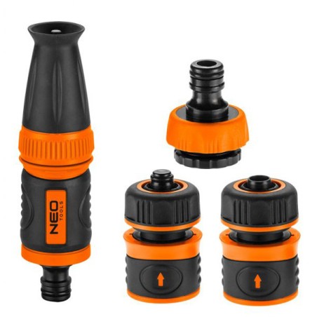 NEO TOOLS sada rozprašovač, 2 rychlospojky přípojka na kohoutek, 1/2", oranžovo-černá, 15-710