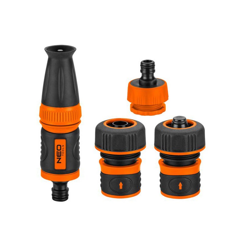 NEO TOOLS sada rozprašovač, 2 rychlospojky přípojka na kohoutek, 3/4", oranžovo-černá, 15-711