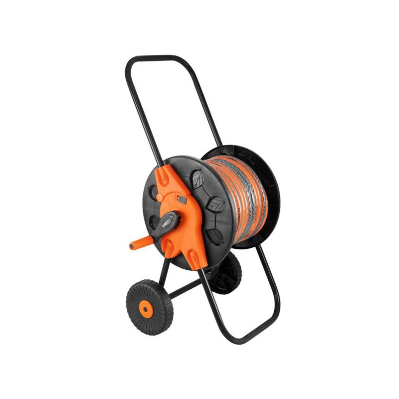 NEO TOOLS vozík pro zahradní hadici se sklopným držákem až 60m 1/2" nebo 20m 3/4", oranžovo-černý, 15-793