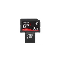 SanDisk SecureDigital ULTRA II PLUS USB 8GB SDHC, rychlost zápis/čtení 60x/66x (150kB/s 1x) tj. 9/10MB/s, pouzdro