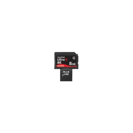 SanDisk SecureDigital ULTRA II PLUS USB 8GB SDHC, rychlost zápis/čtení 60x/66x (150kB/s 1x) tj. 9/10MB/s, pouzdro
