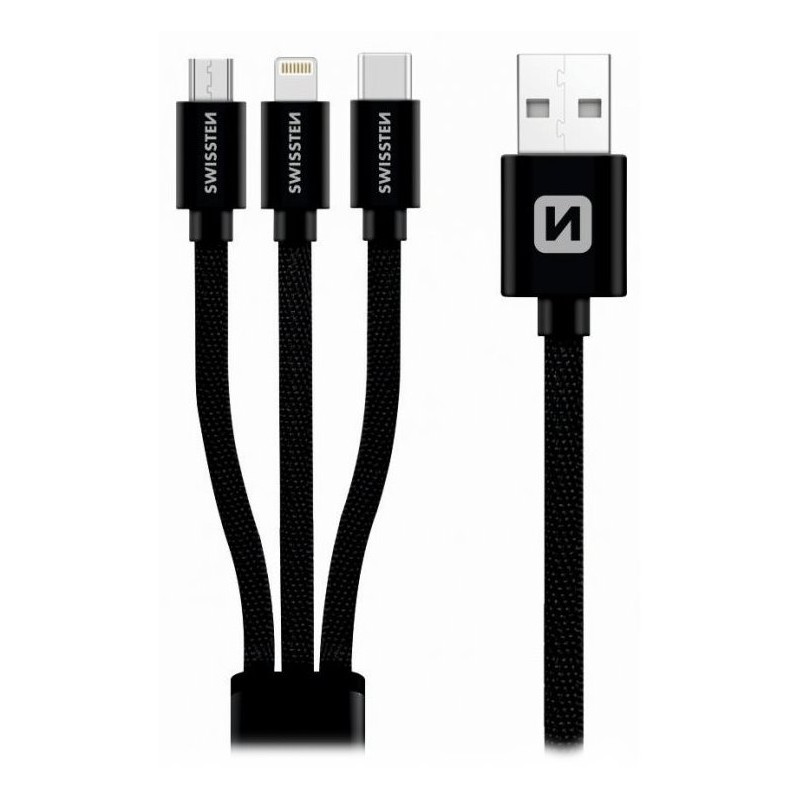 SWISSTEN DATOVÝ KABEL TEXTILE 3in1 MFi 1,2 M ČERNÝ
