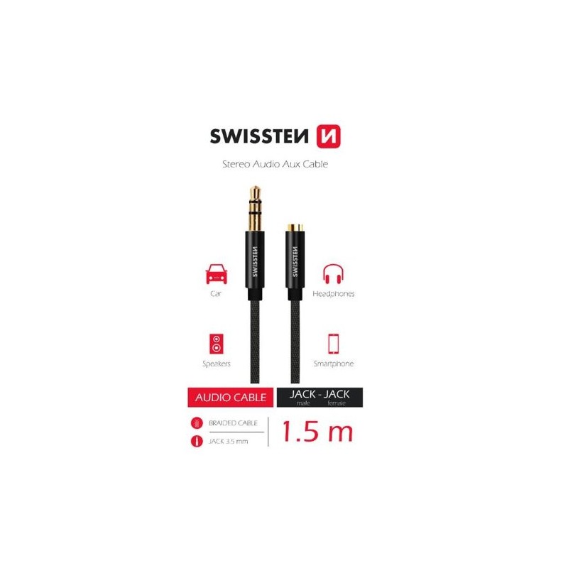 SWISSTEN AUDIO KABEL TEXTILE 3,5 mm JACK(samec) - 3,5 mm JACK (samice) 1,5 M ČERNÝ