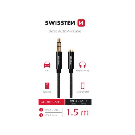 SWISSTEN AUDIO KABEL TEXTILE 3,5 mm JACK(samec) - 3,5 mm JACK (samice) 1,5 M ČERNÝ