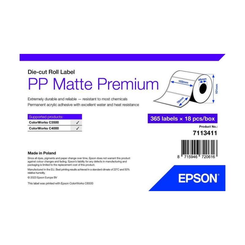 PP MATTE LABEL PREM DIE-CUT/ROLL 102X76MM 365 LABELS