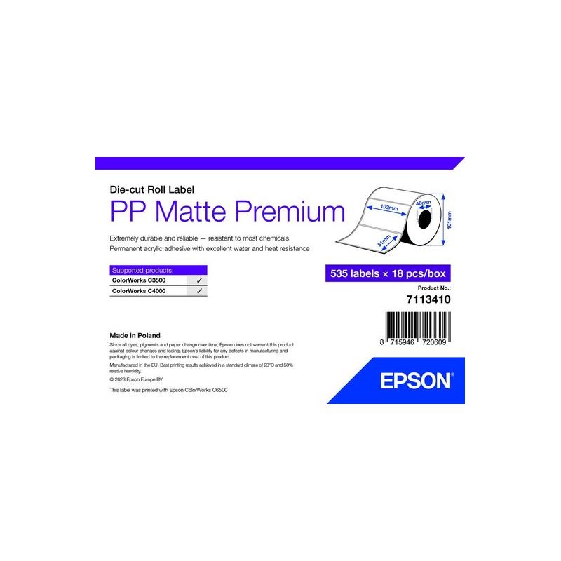 PP MATTE LABEL PREM DIE-CUT/ROLL 102X51MM 535 LABELS
