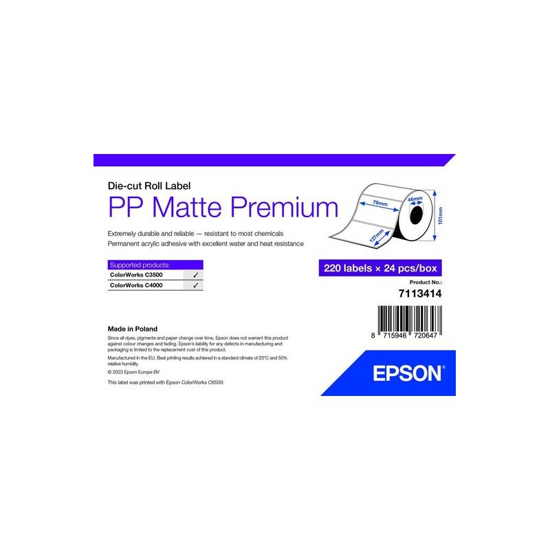 PP MATTE LABEL PREM DIE-CUT/ROLL 76X127MM 220 LABELS