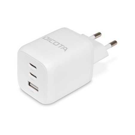 DICOTA - Síťový adaptér - kompaktní, GaN - 65 Watt - 5 A - PD 3.0 - 3 výstupní konektory (2 x USB-C, USB) - bílá - Evropa