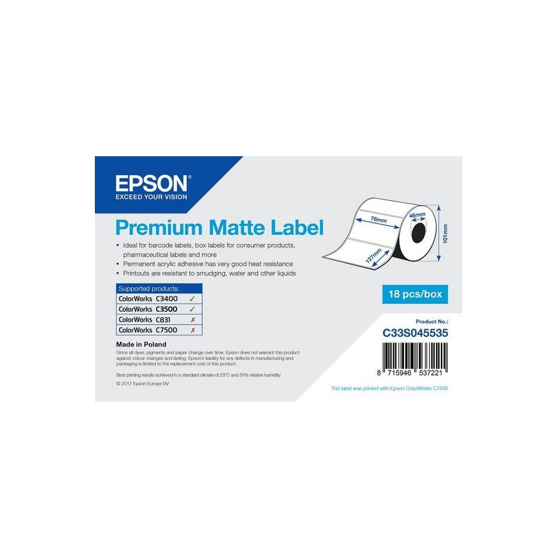 Premium Matte Label - Die-cut Roll: 76mm x 127mm, 265 labels