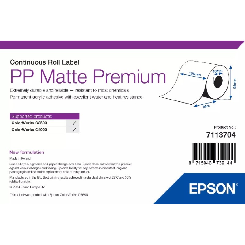 PP MATTE LABEL PREMIUM/CONTINUOUS ROLL 105MM X 29M