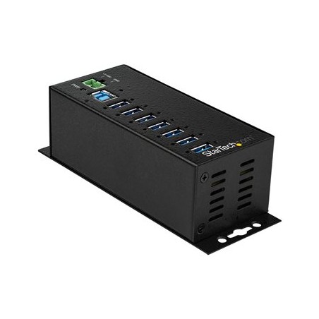 StarTech.com 7 Port USB Hub with Power Adapter, Surge Protection, Metal Industrial USB 3.0 Data Transfer Hub, Din Rail, Wall or