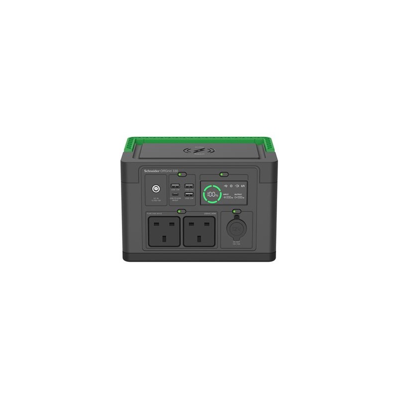 Schneider OffGrid 330 - Prenosná napájecí stanice - LCD, 2 zásuvky BS1363, sinusový prubeh, 3 USB-A, 1 USB-C, bezdrátová