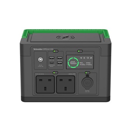 Schneider OffGrid 330 - Prenosná napájecí stanice - LCD, 2 zásuvky BS1363, sinusový prubeh, 3 USB-A, 1 USB-C, bezdrátová