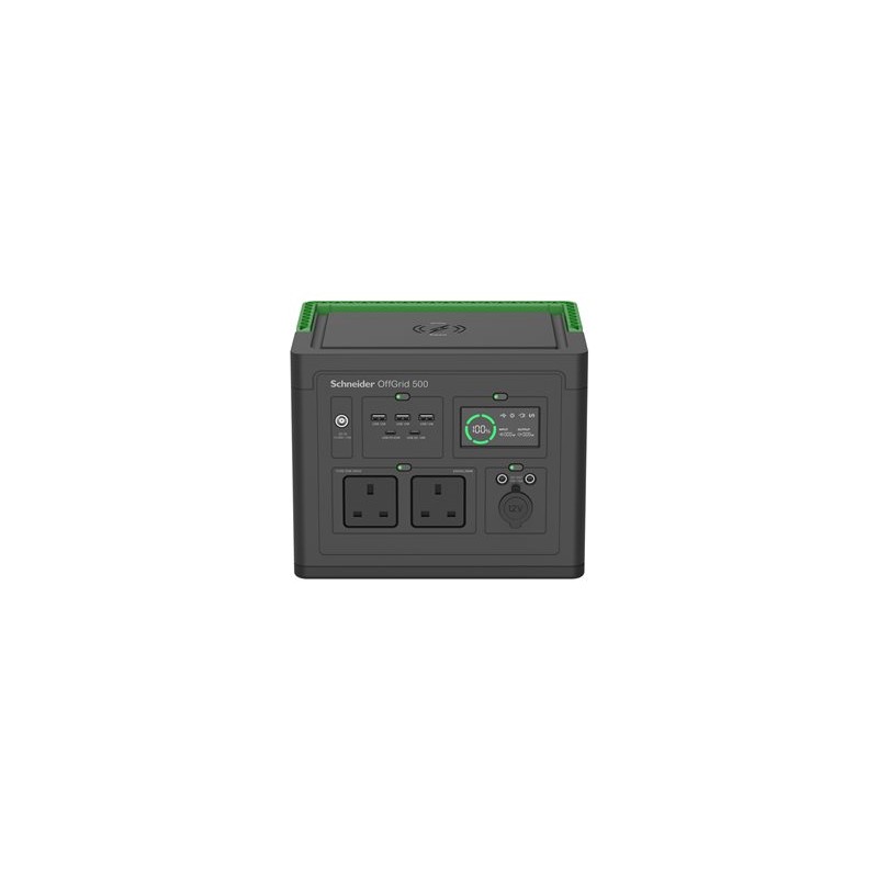 Schneider OffGrid 500 - Prenosná napájecí stanice - LCD, 2 zásuvky BS1363, sinusový prubeh, 3 USB-A, 2 USB-C, bezdrátová