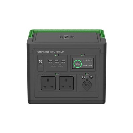 Schneider OffGrid 500 - Prenosná napájecí stanice - LCD, 2 zásuvky BS1363, sinusový prubeh, 3 USB-A, 2 USB-C, bezdrátová
