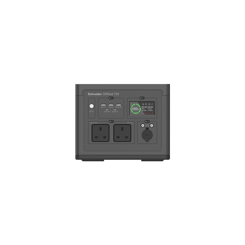 Schneider OffGrid 730 - Prenosná napájecí stanice - LCD, 2 zásuvky BS1363, sinusový prubeh, 3 USB-A, 2 USB-C, bezdrátová