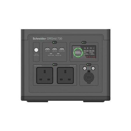Schneider OffGrid 730 - Prenosná napájecí stanice - LCD, 2 zásuvky BS1363, sinusový prubeh, 3 USB-A, 2 USB-C, bezdrátová