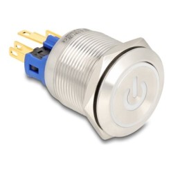 Delock - Tlacítko - pro instalaci 22 mm, 6 x pájené pripojení, bílý symbol napájení LED a kroužek - montáž na panel - AC… 20986