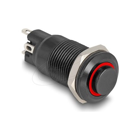 Delock - Spínac a tlacítko - 4 x pájené spojení, 12 mm, 12V, cervený LED kroužek - cerná