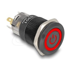 Delock - Spínac a tlacítko - 5 x pájené spojení, 19 mm, 12V, LED cervený napájecí symbol + kroužek - cerná