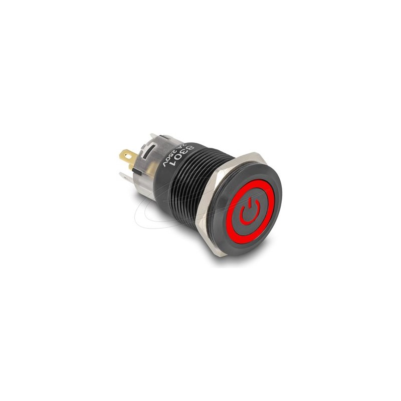 Delock - Spínac a tlacítko - 5 x pájené spojení, 19 mm, 12V, LED cervený napájecí symbol + kroužek - cerná