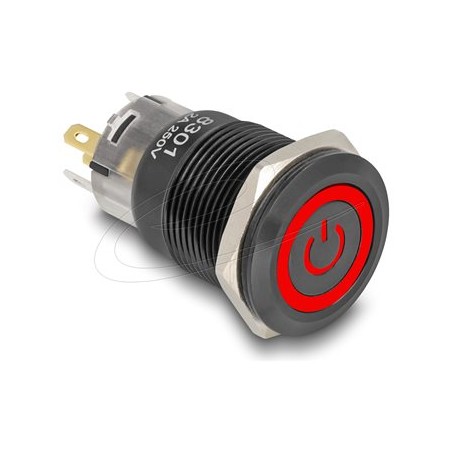 Delock - Spínac a tlacítko - 5 x pájené spojení, 19 mm, 12V, LED cervený napájecí symbol + kroužek - cerná
