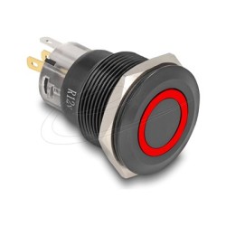 Delock - Spínac a tlacítko - 5 x pájení, 22 mm, 12V, LED cervený kroužek - cerná