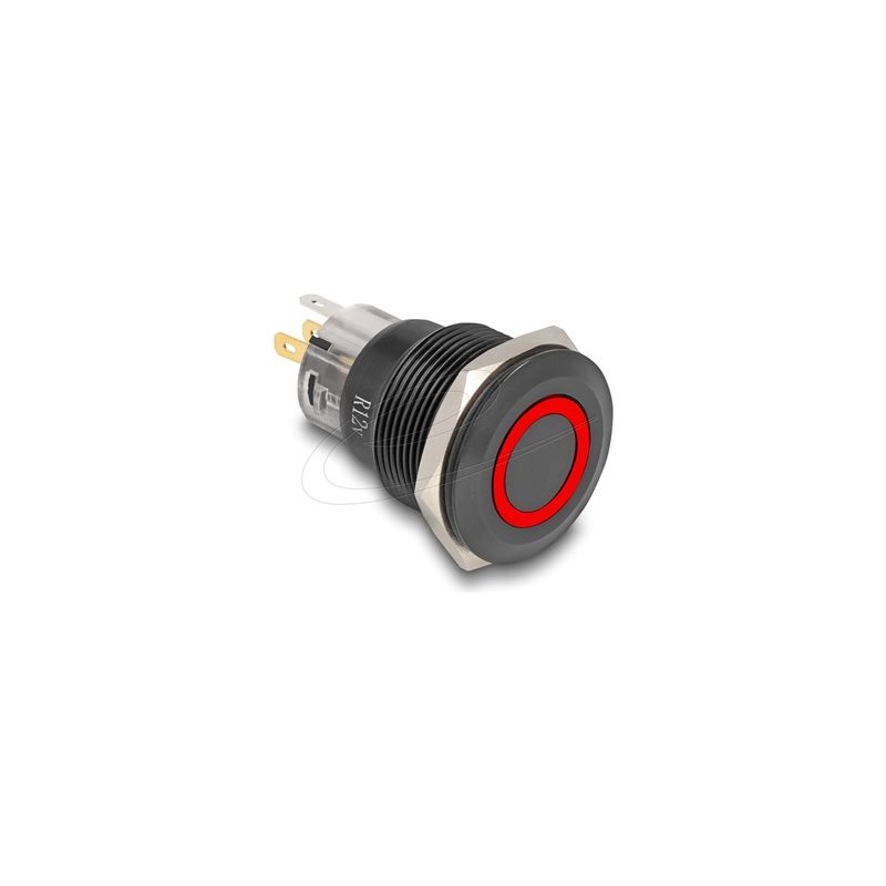Delock - Spínac a tlacítko - 5 x pájení, 22 mm, 12V, LED cervený kroužek - cerná