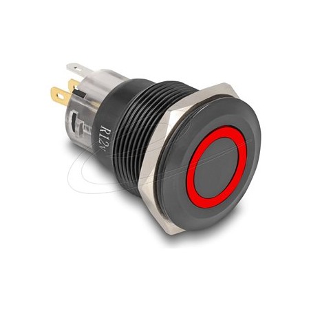 Delock - Spínac a tlacítko - 5 x pájení, 22 mm, 12V, LED cervený kroužek - cerná