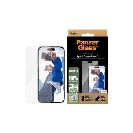 PanzerGlass - Ochrana obrazovky pro mobilní telefon - klasický tvar - sklo - pro Apple iPhone 15, 16