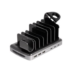 Delock - Dobíjecí stanice + AC napájecí adaptér - 112 Watt - 6 A - PD - 6 výstupní konektory (3 x USB typ A, 3 x USB-C) - šedá