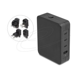 Delock - Sítový adaptér - GaN, 3 x USB-C PD 3.1 a 1 x USB-A s napájecím adaptérem 145W EU/US/UK - AC 100-240 V - 145 Watt