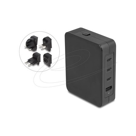 Delock - Sítový adaptér - GaN, 3 x USB-C PD 3.1 a 1 x USB-A s napájecím adaptérem 145W EU/US/UK - AC 100-240 V - 145 Watt